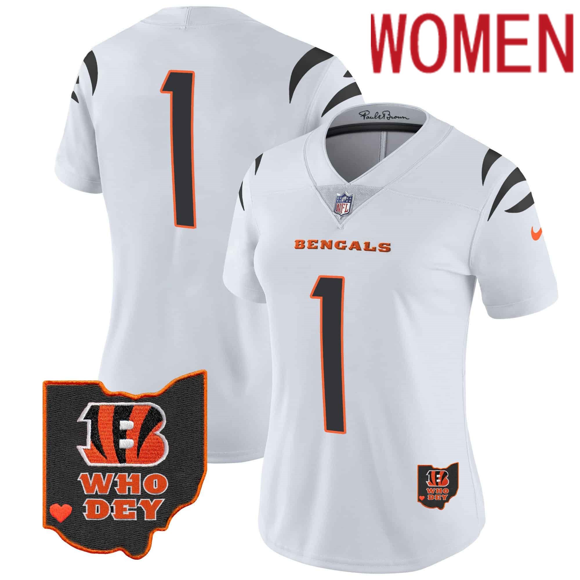 Women Cincinnati Bengals #1 Chase White 2024 Nike Patch Vapor Limited NFL Jersey style 1